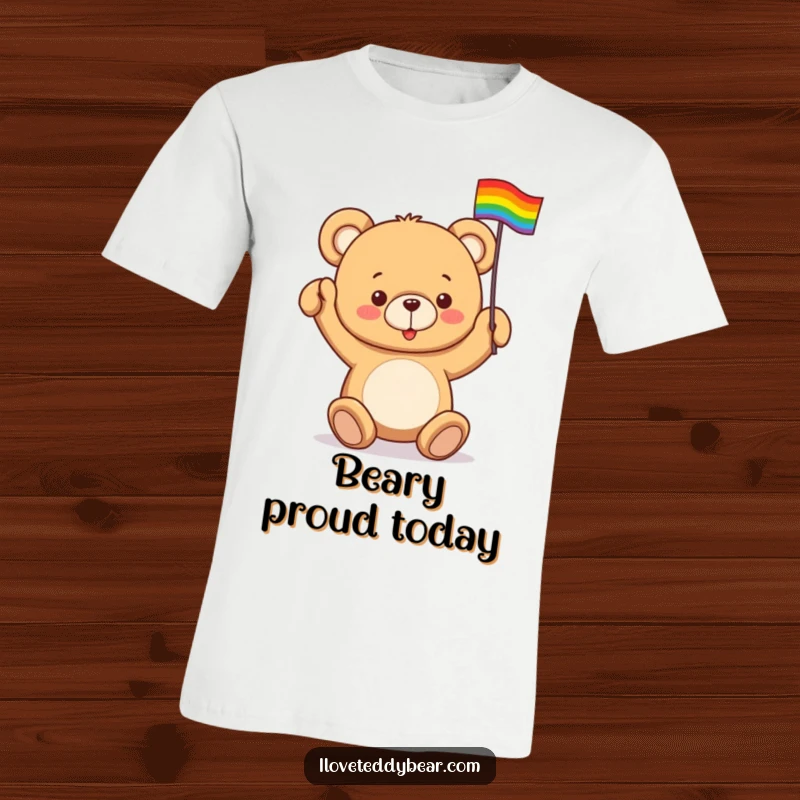 Funny t-shirt showcasing a teddy bear enthusiastically waving a tiny rainbow flag, perfect for pride events and expressions of love.
