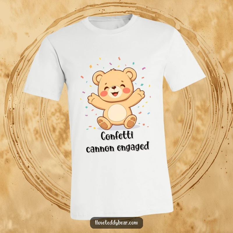 Funny teddy bear character joyfully throwing confetti, printed on a comfortable t-shirt for party-goers and fun enthusiasts.
