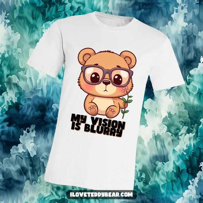 Funny t-shirt featuring a bear in oversized glasses, looking utterly surprised and delighted by a tiny flower.