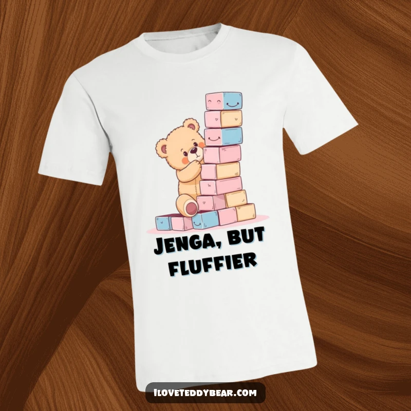 Funny teddy bear t-shirt depicting a bear precariously stacking blocks, with the tower threatening to collapse.