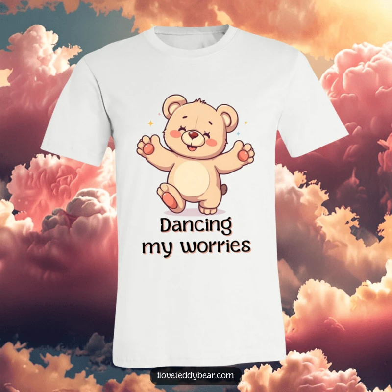 Funny T-Shirt showcasing a teddy bear in the midst of a hilarious, energetic dance with paws waving joyfully in the air, full of excitement.