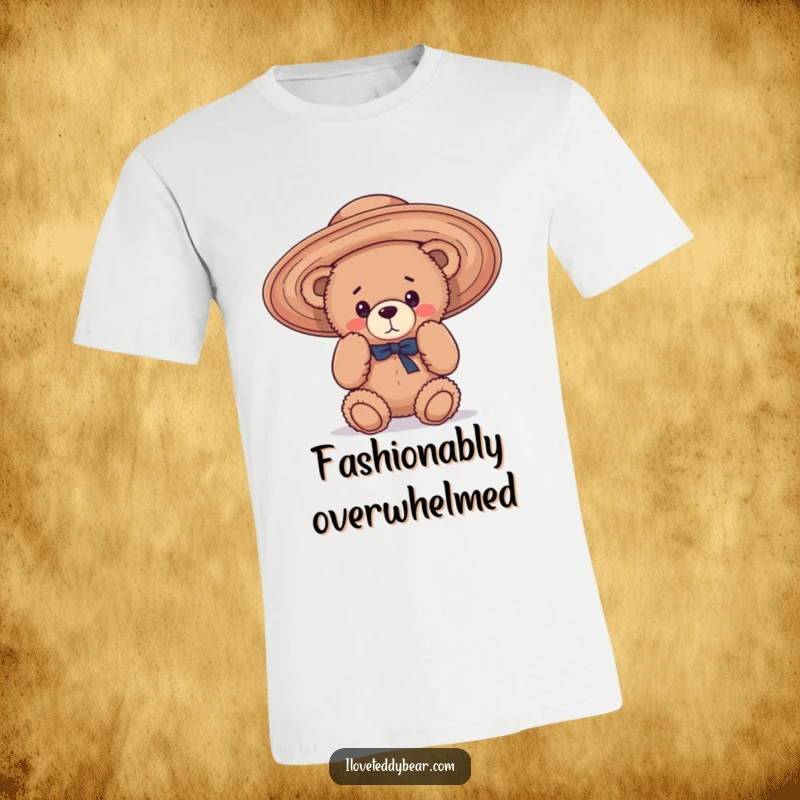 Funny T-Shirt showing a teddy bear comically attempting to wear a hat that is far too large and floppy, creating a humorous visual.
