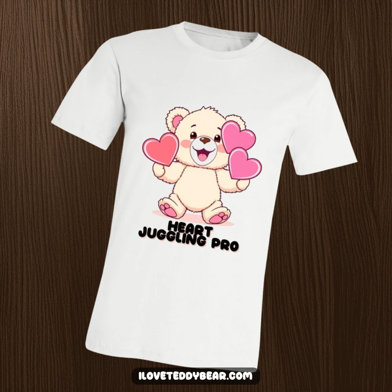 Funny fluffy teddy bear happily juggling three oversized hearts, ideal for a funny t-shirt.