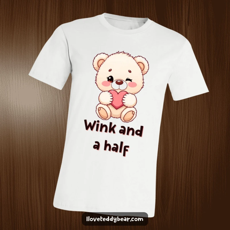 Funny t-shirt design of a fluffy teddy bear winking adorably while holding a heart, perfect for expressing love.