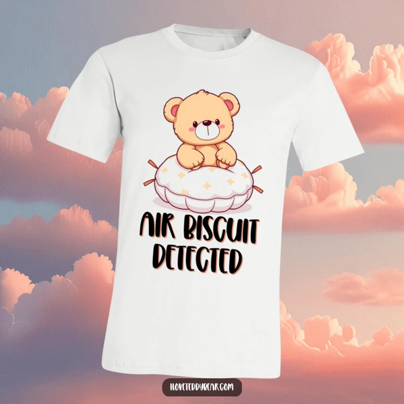Funny teddy bear t-shirt depicting a bear surprised after sitting on a whoopee cushion, mid-toot.