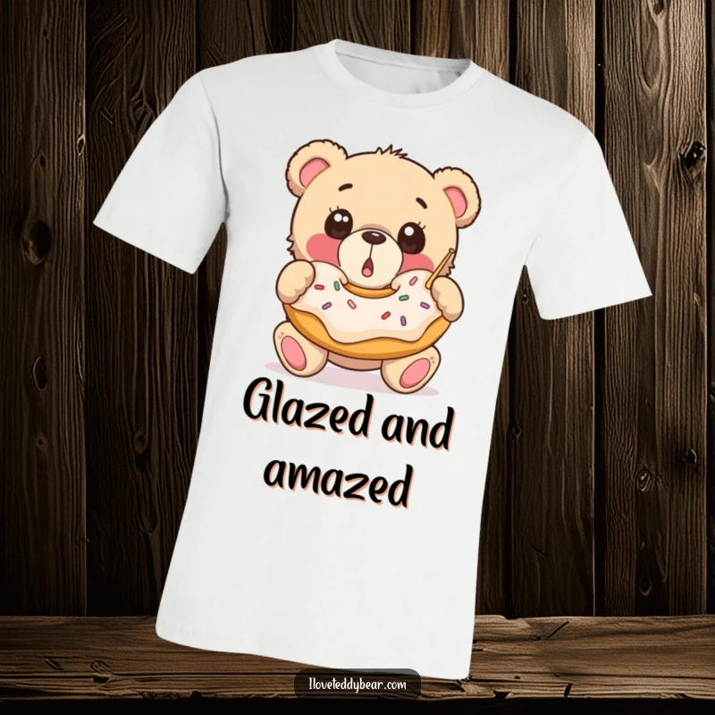 Funny T-Shirt: A surprised teddy bear with wide, amazed eyes catches a huge falling donut, embodying delightful surprise and a love for treats.
