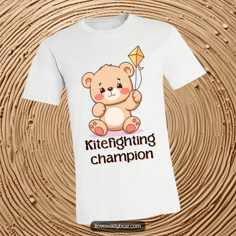 Funny teddy bear t-shirt depicting a bear with a determined face, wrestling with a kite that refuses to fly.