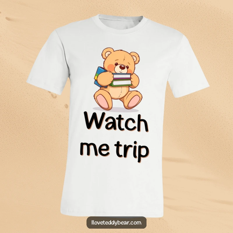 Funny t-shirt showing a clumsy teddy bear tripping over its own feet while carrying a precarious stack of books. A fantastic funny gift.