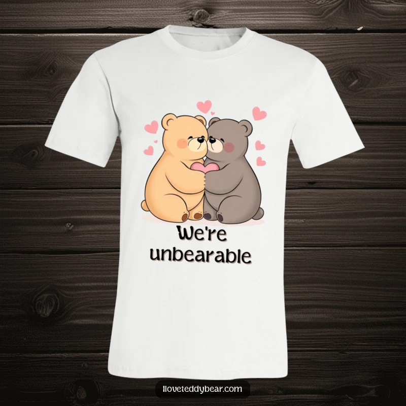 Funny t-shirt graphic of two bears in a tight, loving embrace with hearts floating around them, exuding warmth.