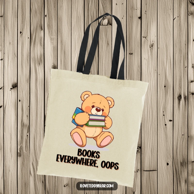 Funny tote bag showing a clumsy teddy bear tripping over its feet while carrying a stack of books, a humorous scene. A fabulous funny gift.