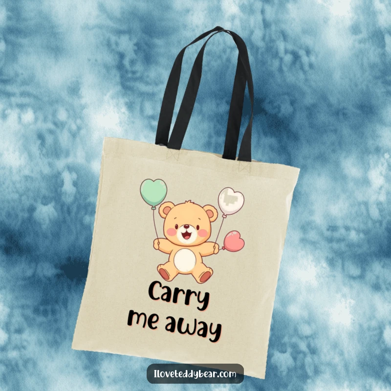 Funny tote bag with a cheerful teddy bear attempting flight using two balloons as wings, conveying joy and adventure. A fabulous funny gift.