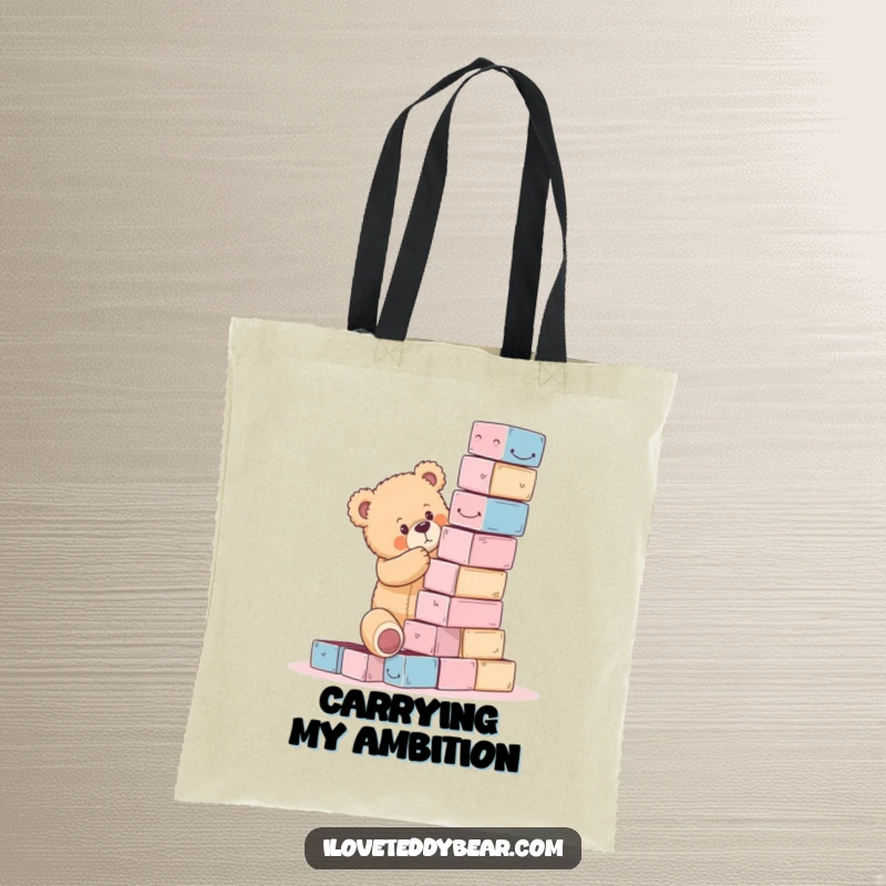 Funny teddy bear tote bag illustrating a bear precariously balancing blocks for a tower, showcasing determination and humor.