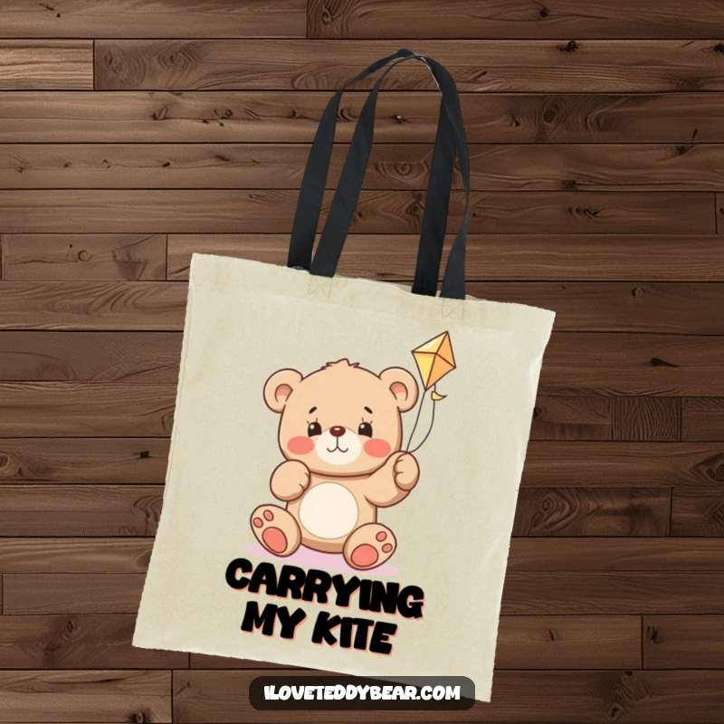 Funny teddy bear tote bag illustrating a bear with a determined look, struggling to fly a kite in the wind.