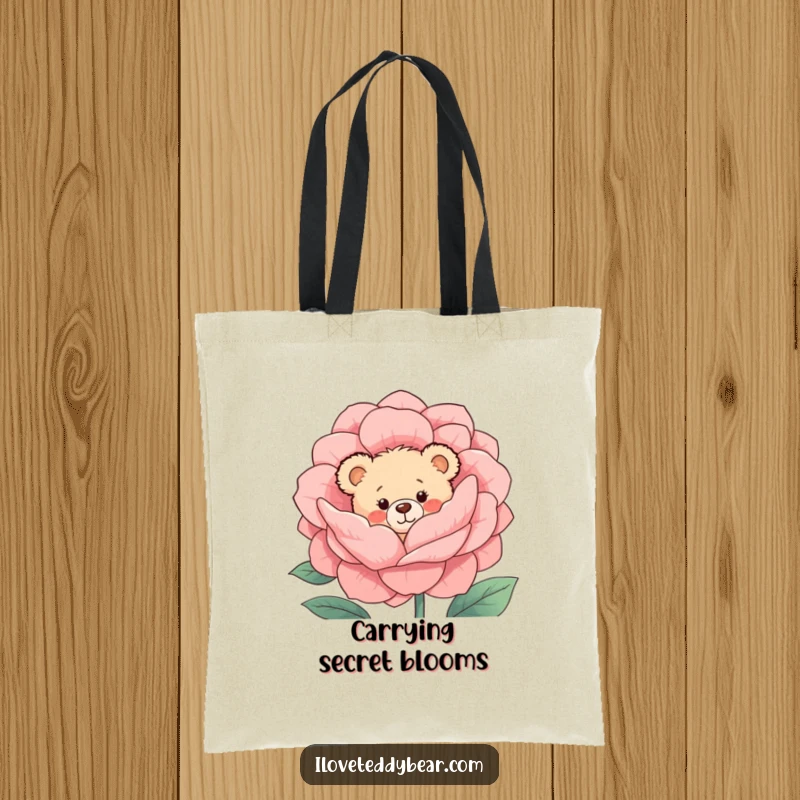 Funny Tote Bag: A shy teddy bear with rosy cheeks is peeking from behind a giant blooming flower, offering a cute and bashful visual.