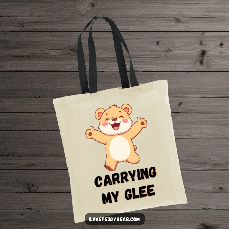 Funny tote bag with a fuzzy bear cub jumping joyfully with arms outstretched, symbolizing excitement and happiness.