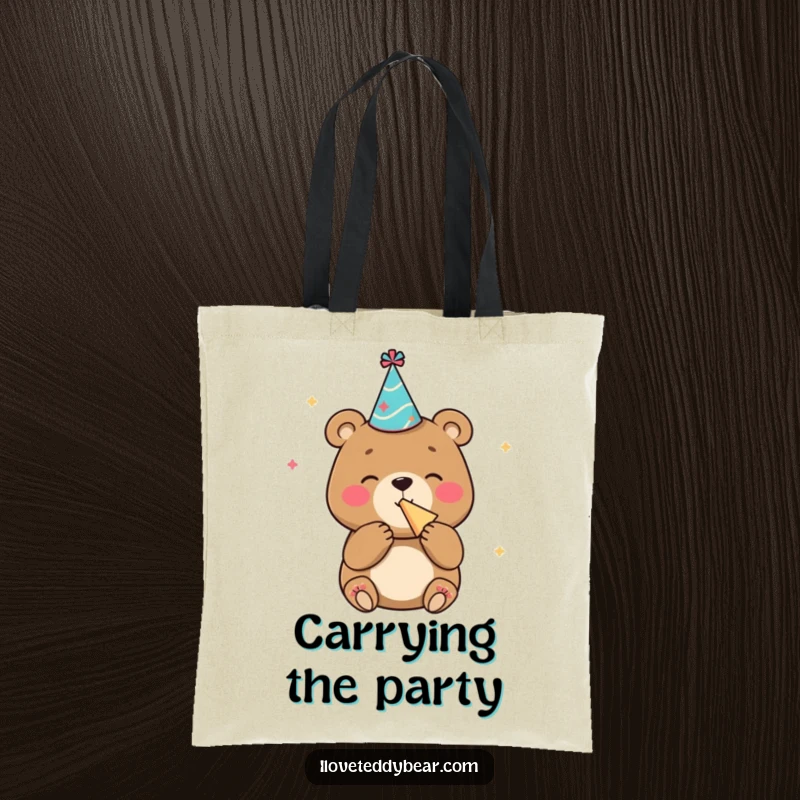 Funny tote bag with a bear wearing a party hat and blowing a noisemaker with glee, a cheerful accessory.