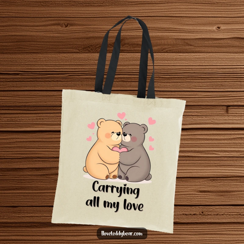 Funny tote bag design with two bears in a close hug, surrounded by floating hearts, symbolizing affection.