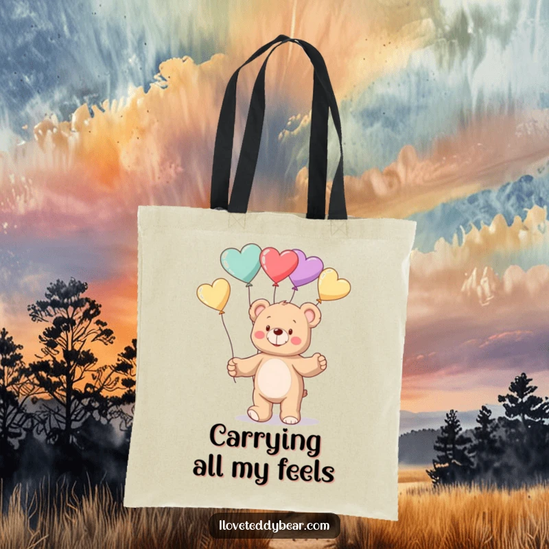 Funny Tote Bag showcasing a playful teddy bear juggling a vibrant collection of heart-shaped balloons, perfect for shopping sprees.