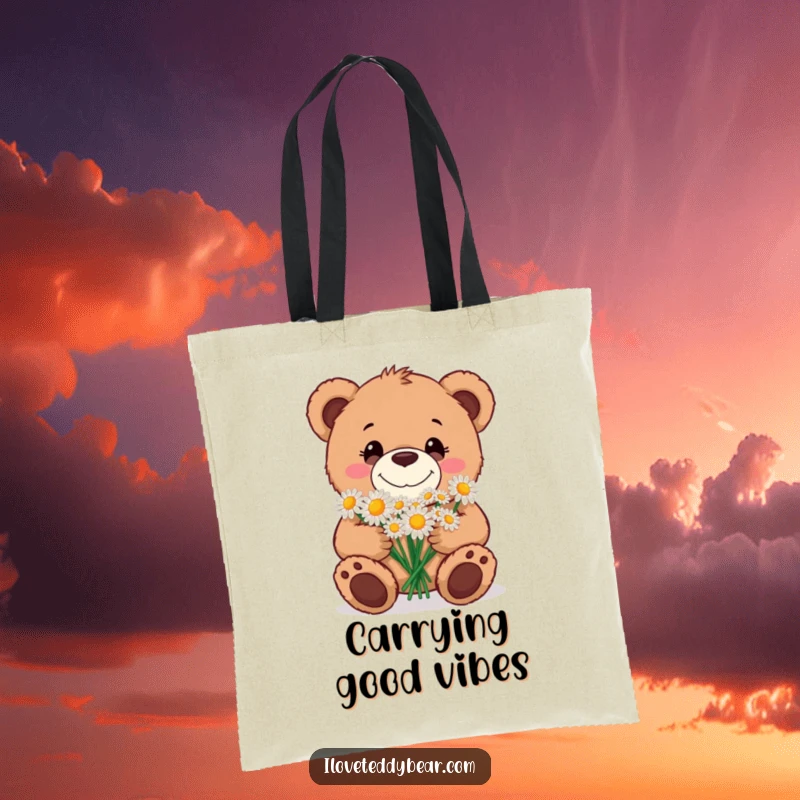 Funny Tote Bag featuring a happy teddy bear with a wide, goofy smile, holding a bouquet of daisies, perfect for carrying essentials with charm.