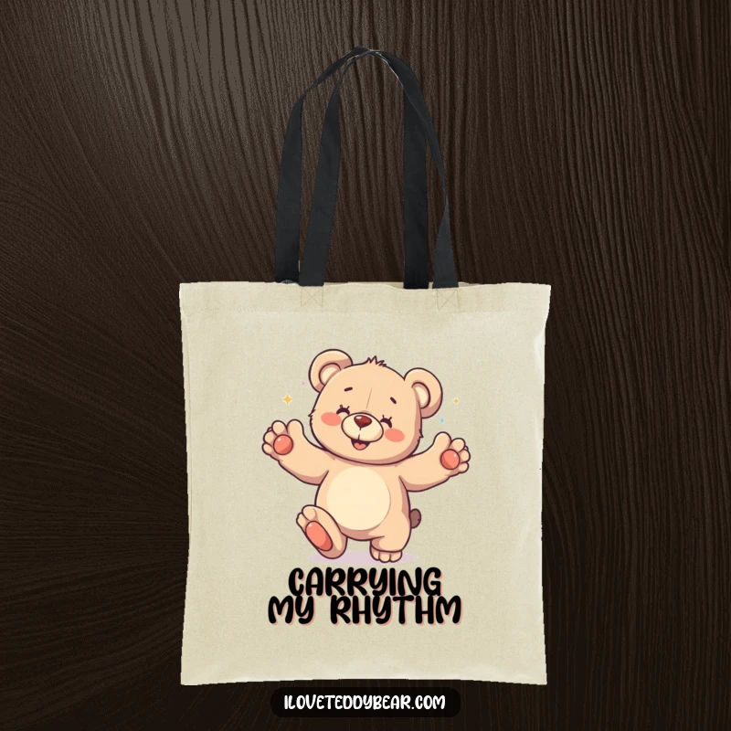 Funny Tote Bag depicting a teddy bear joyfully dancing with its paws in the air, perfect for carrying essentials with lively energy.