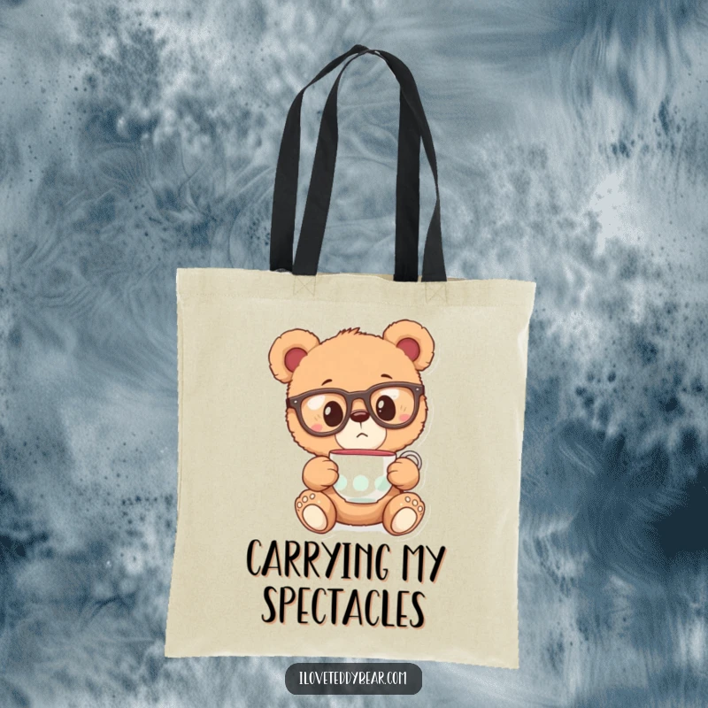 Funny tote bag showing a teddy bear with large glasses, surprised by a floating teacup, perfect for carrying items with flair.