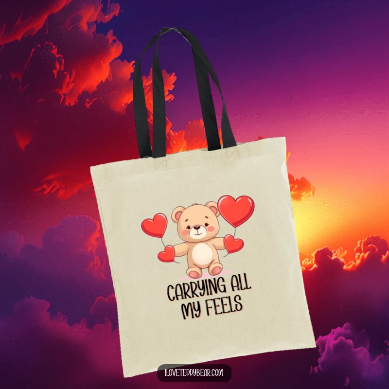 Funny Teddy Bear Tote Bag with a cute bear struggling to juggle three oversized red hearts, offering practical humor.