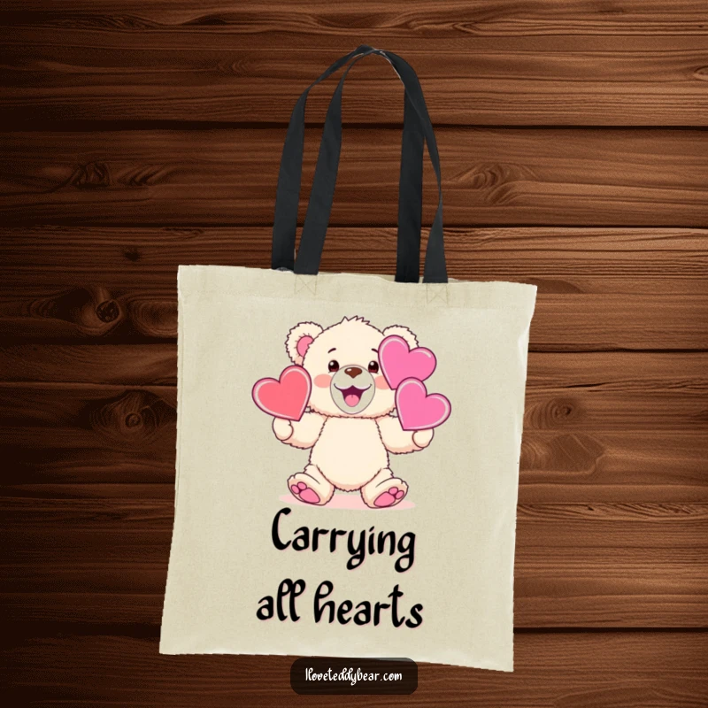 Funny fluffy teddy bear juggling oversized hearts, perfect for a funny tote bag.