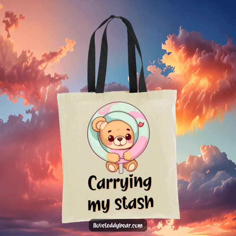Funny Teddy Bear Tote Bag with a cute bear peeking behind a large lollipop, practical for shopping and sweetly humorous.