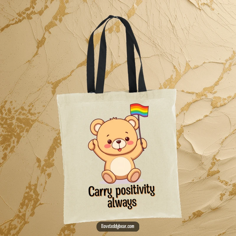 Funny tote bag with a teddy bear enthusiastically waving a tiny rainbow flag, perfect for carrying items with pride.