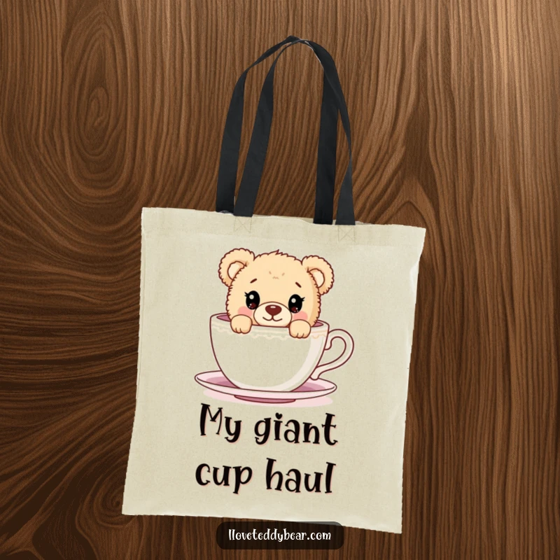 Funny Tote Bag with a teddy bear mischievously peeking over the edge of a giant teacup, bringing a smile to every shopper.