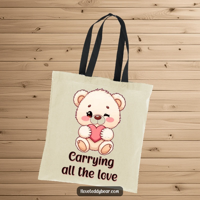 Funny tote bag with a fluffy teddy bear winking and holding a heart, perfect for shopping lovers.