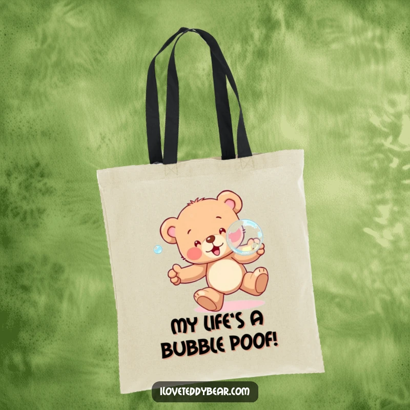 Funny Tote Bag featuring a whimsical teddy bear in hot pursuit of a large, translucent bubble, radiating excitement and playful energy.